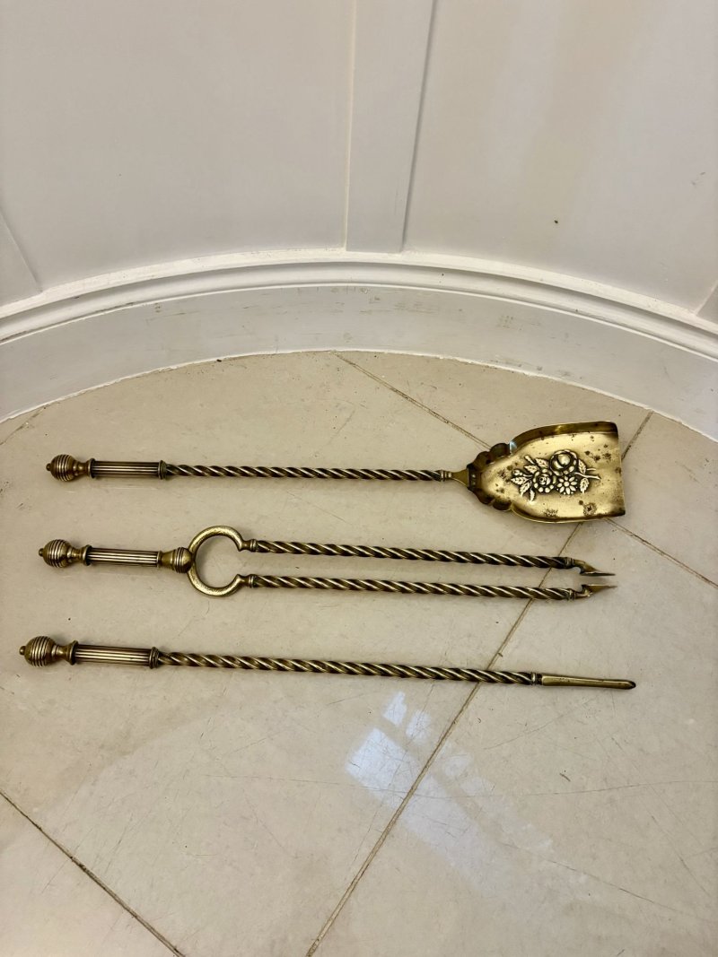 Set of Quality Antique Victorian Brass Fire Irons and Dogs - Image 3